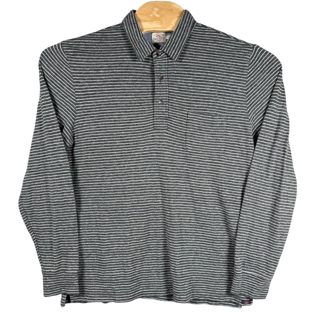 Faherty Movement Polo Shirt Mens Large Gray Long Sleeve Moonlight Point Stripe
